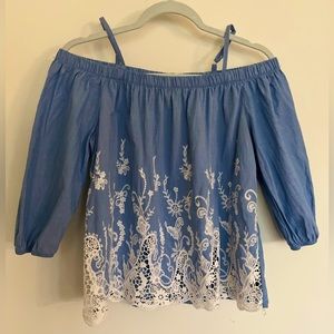 BCX blue off the shoulder top with beautiful white lace accent